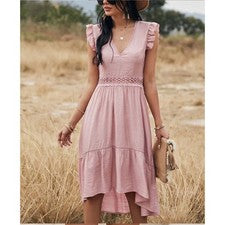 Vestido Gaovot Para Mujer Mediano Rosa Alto-Bajo Corte Crochet Cintura Boho Chic
