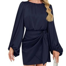 Mini Vestido ZTMZA Azul Marino Satinado Manga Bishop Envolvente Cóctel Fiesta Para Mujer M