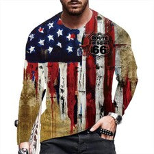 ⭐Camiseta Para Hombre Vintage Bandera Americana Ruta 66 Moda Manga Larga Tee