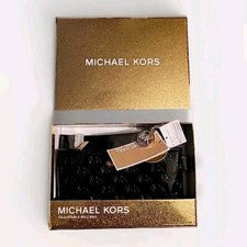 Riñonera de cinturón para mujer Michael Kors logotipo MK charol negro en relieve S/M.