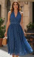 NUEVO VESTIDO FALDA COMPLETA SIN MANGAS ESCOTE HALTER AZUL ESTAMPADO DE LUNARES LARGO MIDI