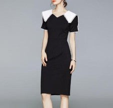 Vestido de verano para mujer empalme manga corta calce ajustado cuello en V falda media moda