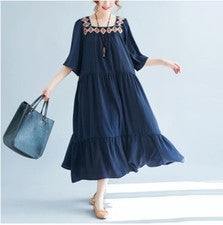 Vestido largo bordado con volantes sueltos de mujer étnico manga corta talla grande