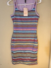 Elegante Vestido ceñido al cuerpo multicolor para mujer pequeño sin mangas tejido geométrico festival