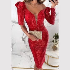 Vestido Mujer Rojo Lentejuelas Monocromático Cuello en V Profundo Cintura Alta para f