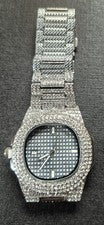 Reloj Pulsera Redondo Analógico Tono Plata Tono Helado Pulsera Metal, Esfera Plateada