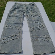 Pantalones de mezclilla para hombre desgastados rectos azul claro estilo grunge de 5 bolsillos
