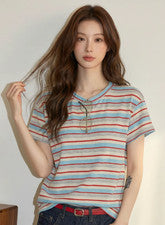 Moda Para Mujer Rayas Color Empalme Manga Corta Camiseta Verano Niña Suelta Top