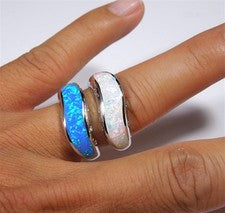 Anillo de plata de ley 925 maciza con incrustación de ópalo de fuego azul o blanco tamaño 6,7,8,9