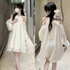 Vestido holgado de poliéster para mujer sin hombros con cuello holgado para estilo de ocio para