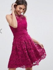 Vestido de fiesta Adelyn Rae para mujer crochet encaje cuello redondo calce y acampanado magenta talla L