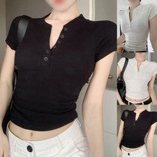 Camiseta pulóver ajustada color liso manga corta medio cuello abierto para mujer
