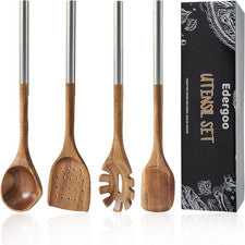Juego de 4 utensilios de cocina de madera de acacia de acero inoxidable, resistentes al calor.