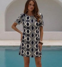 Mini Vestido TOBI Para Mujer Talla Pequeña Azul Negro Blanco Estampado Geométrico Azteca Nuevo Sin Etiquetas