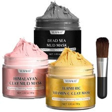 Juego de 3 Mascarillas Faciales de Arcilla - Cúrcuma Vitamina C Mar Muerto y Arcilla del Himalaya S...