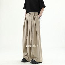 Hombres Moda Verano Caqui Suelto Pierna Ancha Informal Pantalones Plisados Diseño Sen