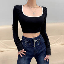 Mujer Moda Tendencia Simple Cuello Cuadrado Corto Ajustado Manga Larga Camiseta Prendas para el torso