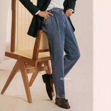 Pantalones de mezclilla de moda informales plisados dobles para hombre
