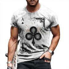 Camiseta Hombre Carta De Póquer Manga Corta Con Estampado Blanco Camiseta Informal