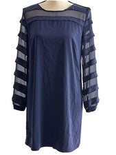 Vestido informal Ann Taylor LOFT para mujer manga transparente cremallera trasera azul talla pequeña