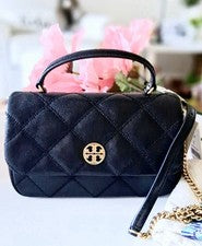 BOLSO BANDOLERA NUEVO CON ETIQUETAS TORY BURCH WILLA ASA SUPERIOR CUERO ACOLCHADO NEGRO