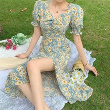 Vestido largo mujer Daisy Flower Split retro manga abullonada slim bodycon casual