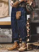 Pantalones de mezclilla de carpintero de estilo japonés calce holgado doble frente para hombre
