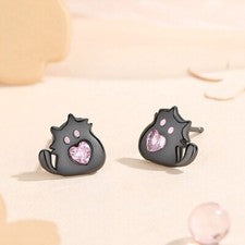 Silber 925 Ohrstecker Schwarz Katze Herz Rosa Zirkonia Damen Mädchen Ohrringe