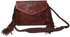Bolso de hombro con flecos de cuero caoba con flecos florales occidentales para mujer 18RAH41