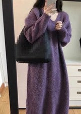 Suéter largo cálido tejido para mujer Moda Suelto Cuello en V Largo Sólido Vestido Invierno