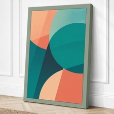Impresión geométrica en lienzo con formas de verde azulado y coral arte de pared decoración del hogar listo para colgar