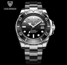 Nuevo reloj mecánico automático Lige Design de lujo de acero inoxidable zafiro negro