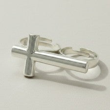 Anillo de plata de ley 925 sólido para cruz de dos dedos tamaño ajustable hecho a mano