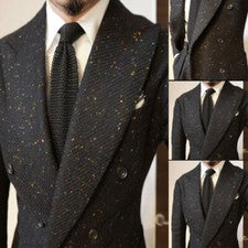 Moda Tweed Para hombres Trajes Ancho Pico Solapa Doble Pecho Formal Boda Blazer
