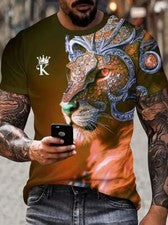 Hombres Camisetas Moda Abstracto Oro Rey León Cabeza Casual Manga Corta Novedad