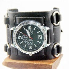 Reloj Pulsera Hombre Negro Ancho Cuero Estilo Punk Tres Correas Cuero Puño
