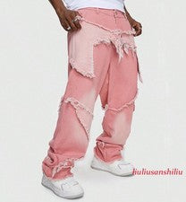 Pantalones de mezclilla de algodón rosa para hombre parche borlas pierna recta moda pantalones punk nuevos