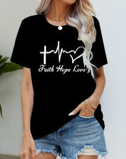 Blusa Camiseta Mujer Cruz Corazón Fe Esperanza Amor Moda Negro Manga Corta Suave