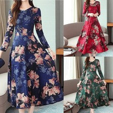 Vestido mujer manga larga Cheongsam azul oscuro verde tela poliéster