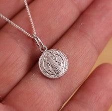 Cadena collar colgante medalla 12 mm doble cara de plata de ley 925 de San Benito