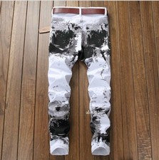 Pantalones de mezclilla cómodos estampados informales de pierna recta blancos negros de moda para hombre