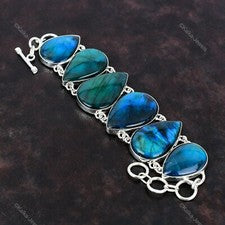 Regalo Para Ella Natural Neón Flash Labradorita Cadena Ajustable Pulsera Plata 925