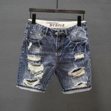 Verano Para hombres Moda Recto Suelto Agujero Recortado Jenas Pantalones Cortos Cintura Elástica