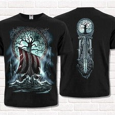 Camiseta estilo vikingo Yggdrasil. Drakkar. Vegvisir, brújula rúnica. Asatru nórdico.