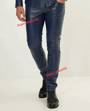 Pantalones informales de cuero de cordero azul marino para hombre calce recto suave ropa estilo oficina