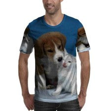 Nueva camiseta de poliéster estampado completo con diseño de gatito y perro para hombre
