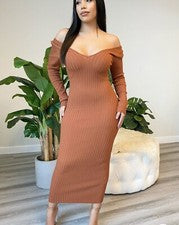 Maxi Vestido Para Mujer Moda Boutique Naranja Óxido Tejido Manga Larga Cuello Redondo