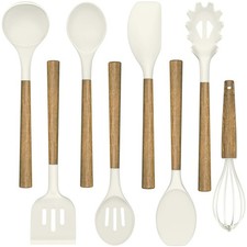 Juego de utensilios de cocina de silicona antiadherentes con acacia natural mediana, blanco