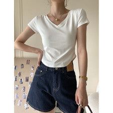 Para mujeres Moda Informal Cómodo Dobladillo Arco Delgado Cuello en V Color Sólido Camiseta Prendas para el torso
