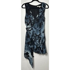 Mini Vestido RACHEL Roy Para Mujer Azul Negro Asimétrico Volantes Cremallera Talla 6 NUEVO